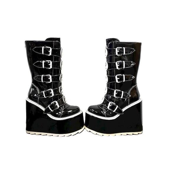 YRU Dune Yin Yang Vegan Patent Leather Wedge Platform Boots 6 - Picture 3 of 10